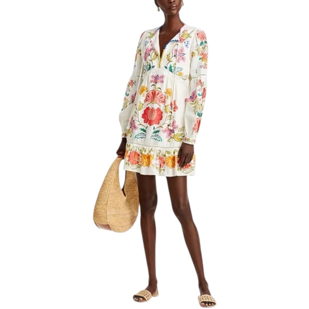 FARM RIO Floral Insects Linen White Floral Colorful Mini Dress Boho Chic Size XS